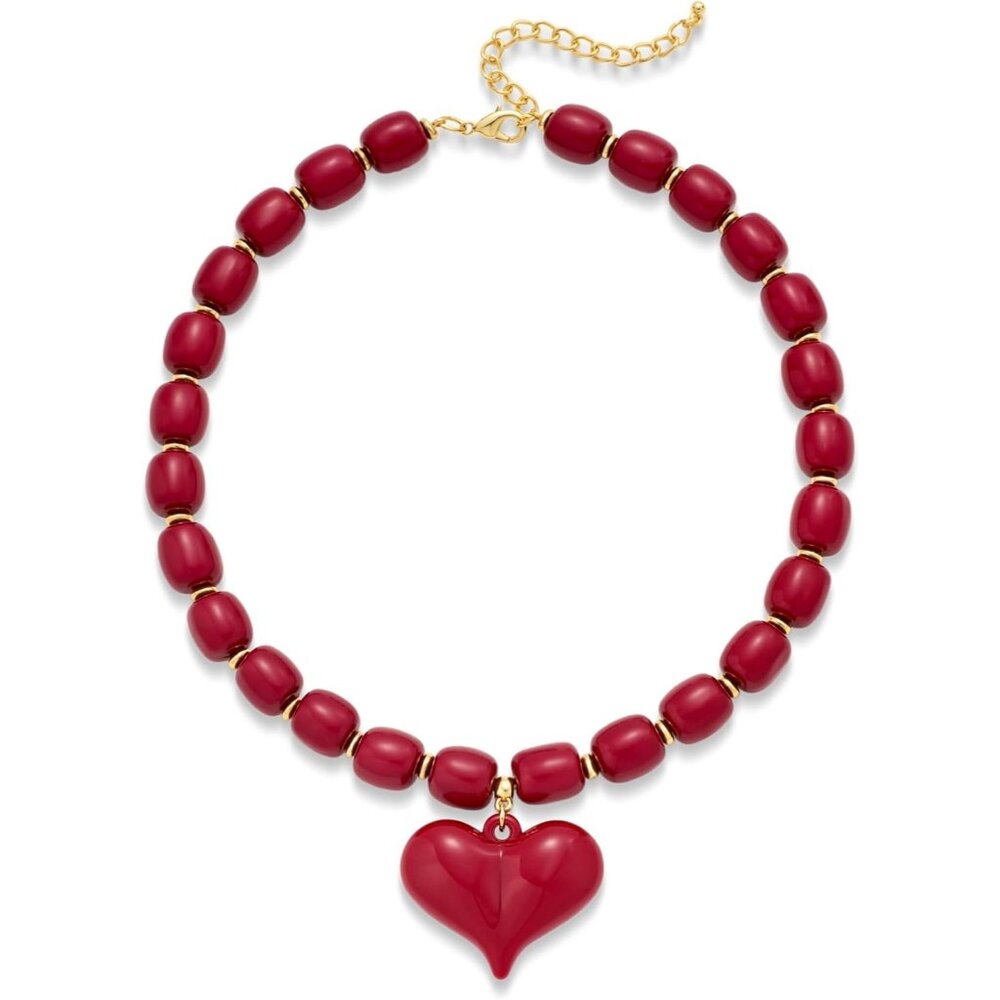 Women's Chunky Puff Red Heart Penadnt Acrylic Beaded Chain Necklace
